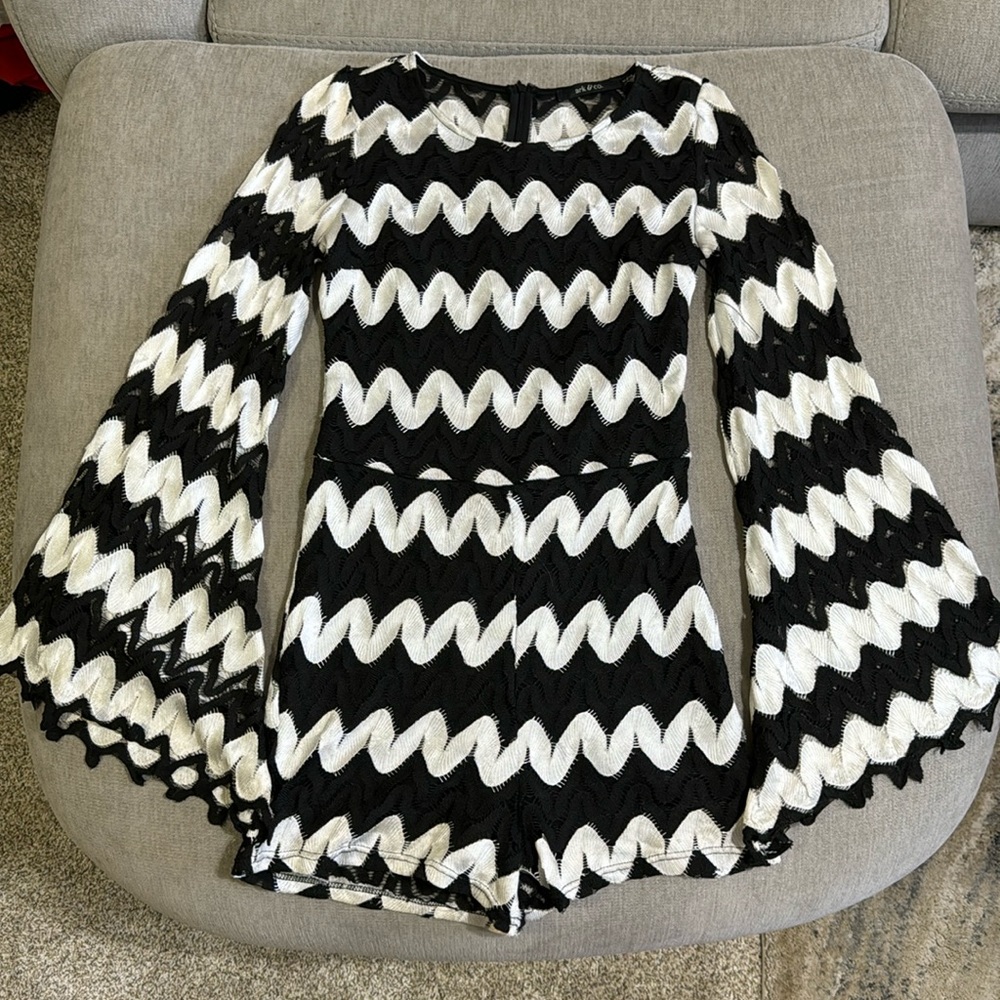 Black & White Wavy Striped Mesh Romper
